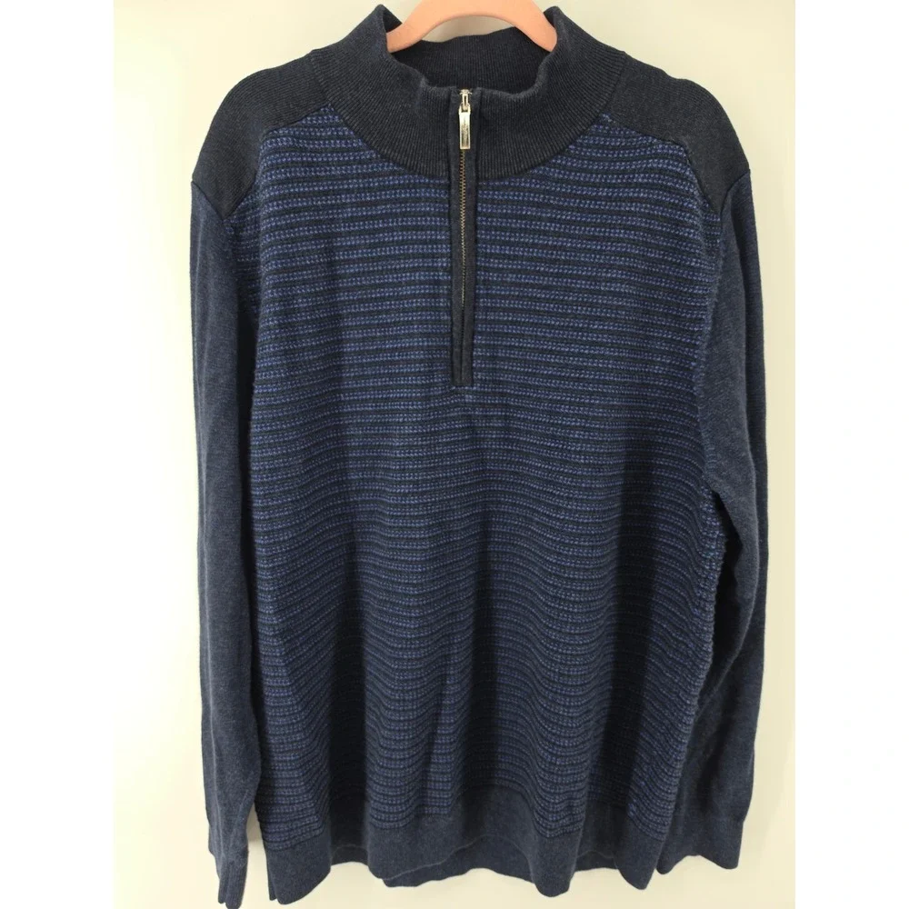 Tommy Bahama Mens XL Blue Striped Quarter Zip Cotton Tencel Pullover Sweater